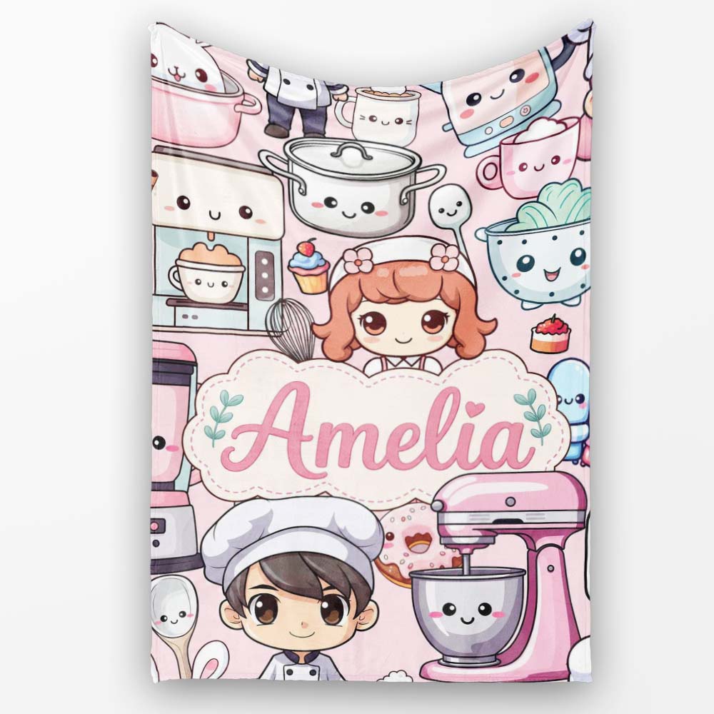Cute Kawaii Baking Girl Mixer Blender Donut Pink Background Personalised Custom Name Super Soft Fleece Blanket Bed Sofa Throw