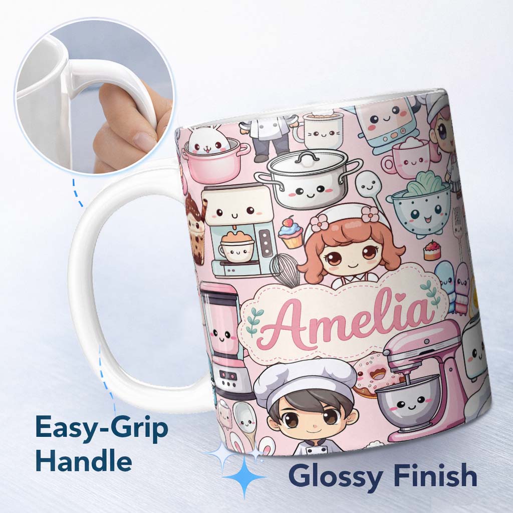 Personalized Custom Name Cute Kawaii Baking Girl Mixer Blender Donut Pink Background 11oz Ceramic Coffee Tea Mug White Large Handle