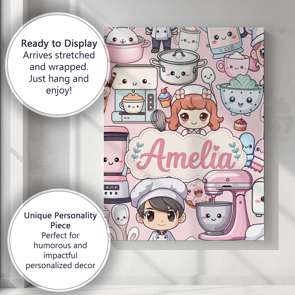 Personalised Name Cute Kawaii Baking Girl Custom Unique Gift Idea Elegant Feature Canvas Wall Art Print Decor Picture Ready to Hang