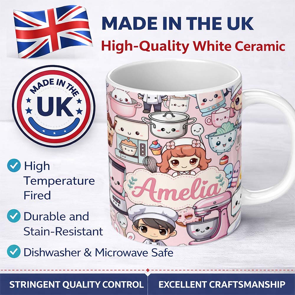 Personalized Custom Name Cute Kawaii Baking Girl Mixer Blender Donut Pink Background 11oz Ceramic Coffee Tea Mug White Large Handle
