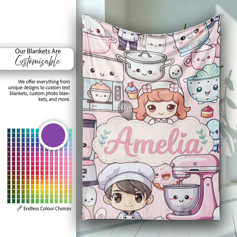 Cute Kawaii Baking Girl Mixer Blender Donut Pink Background Personalised Custom Name Super Soft Fleece Blanket Bed Sofa Throw