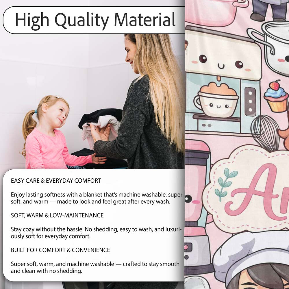 Cute Kawaii Baking Girl Mixer Blender Donut Pink Background Personalised Custom Name Super Soft Fleece Blanket Bed Sofa Throw