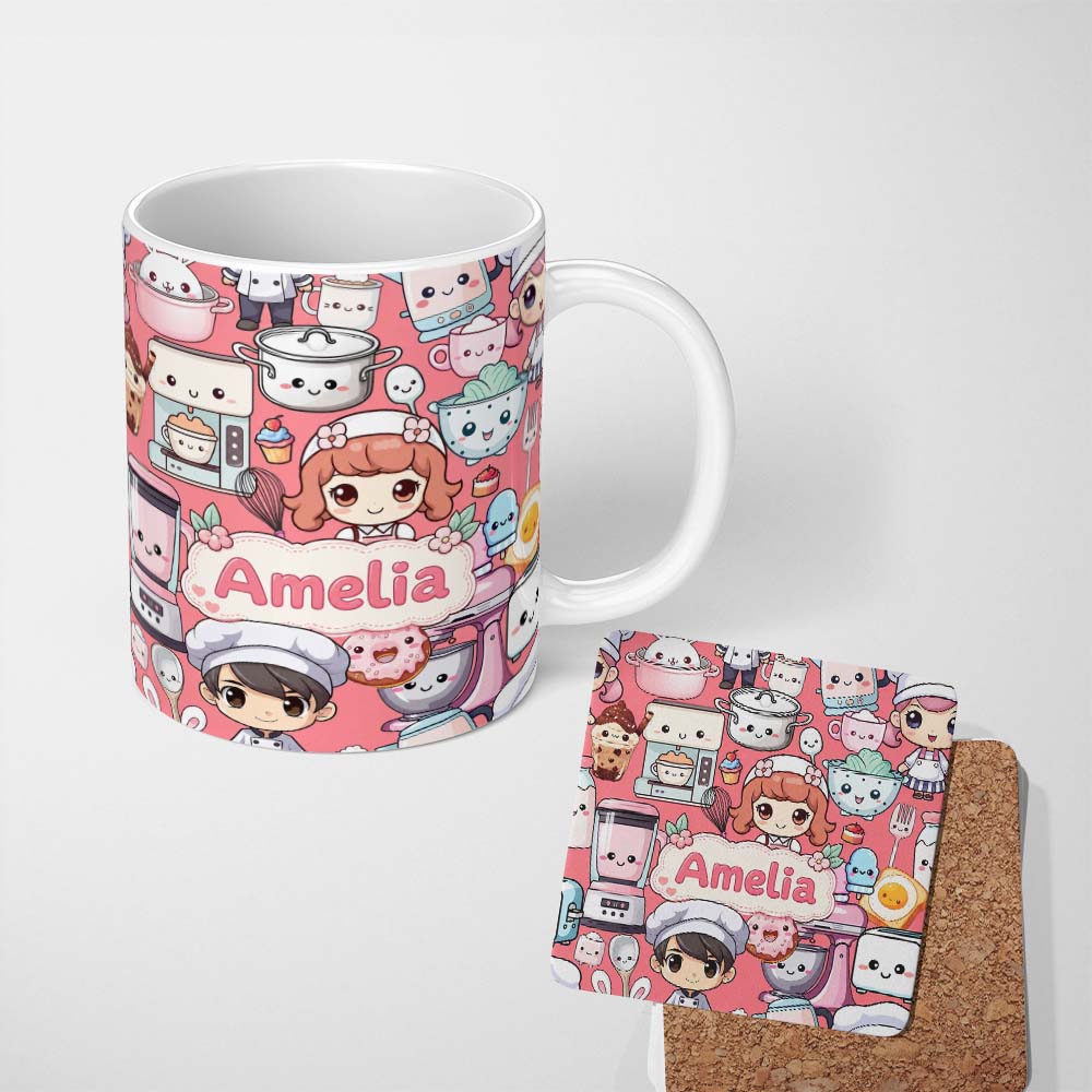 Personalized Custom Name Cute Kawaii Baking Girl Mixer Blender Donut Coral Background 11oz Ceramic Coffee Tea Mug White Large Handle