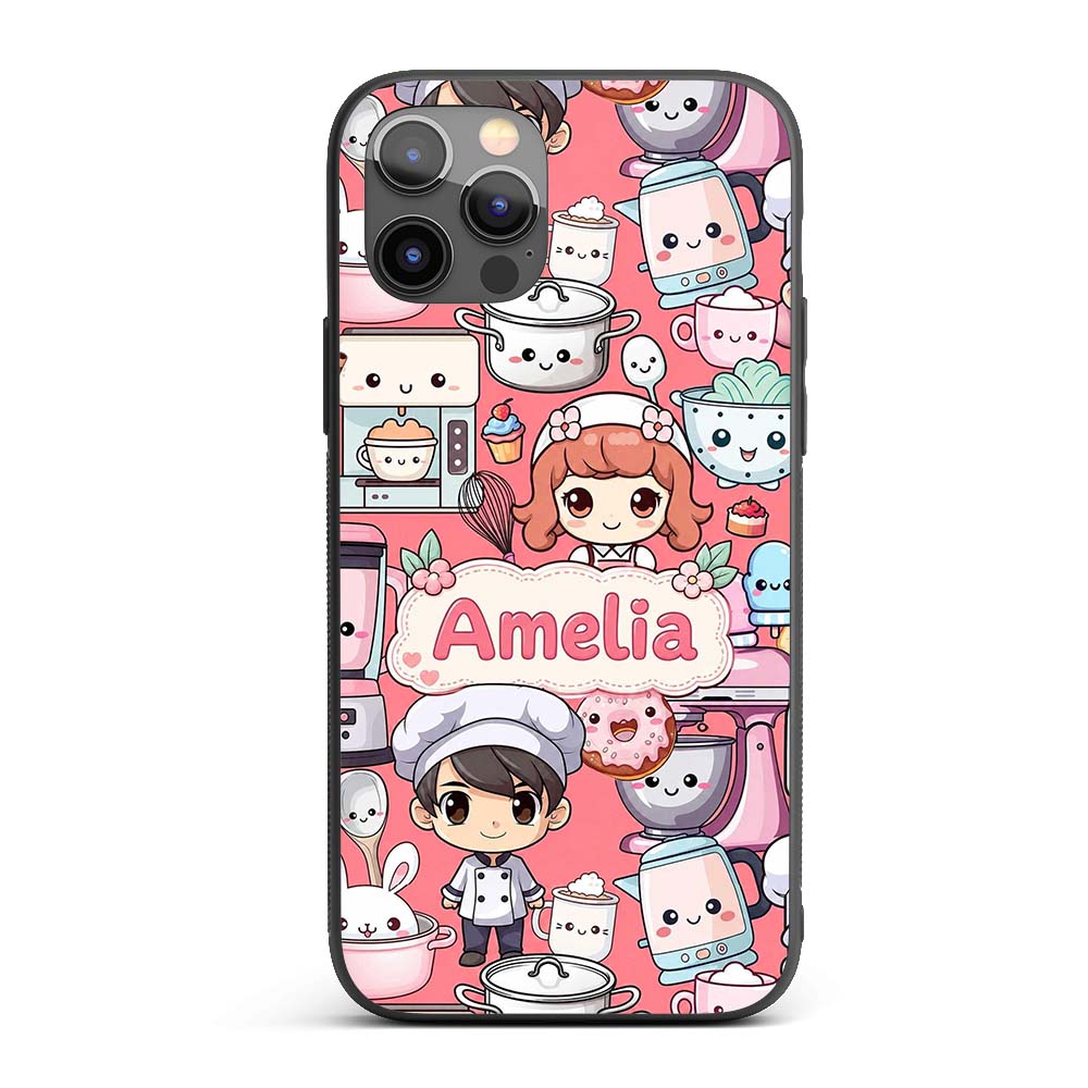 Cute Kawaii Baking Girl Mixer Blender Donut Coral Custom Name Protective Phone Case Mobile Cover Durable Everyday Smartphone Shock Resistant