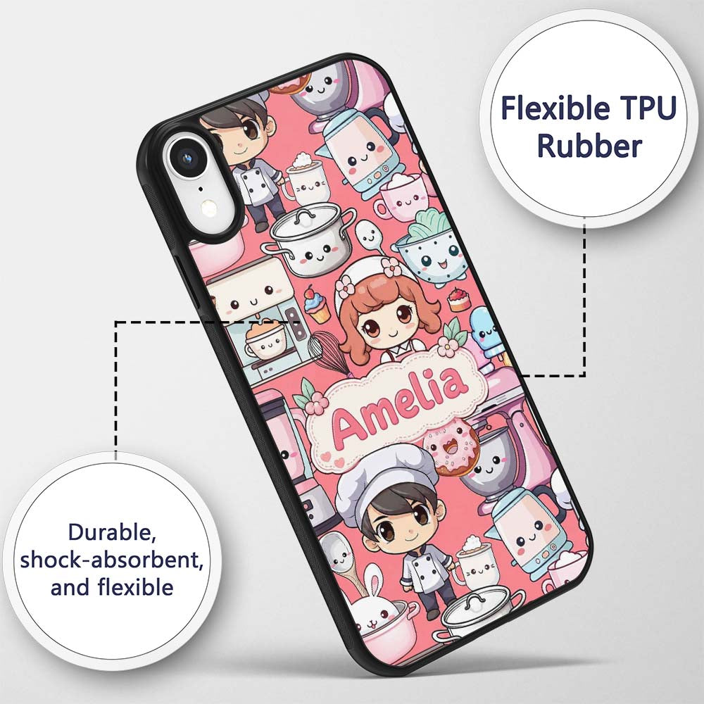 Cute Kawaii Baking Girl Mixer Blender Donut Coral Custom Name Protective Phone Case Mobile Cover Durable Everyday Smartphone Shock Resistant
