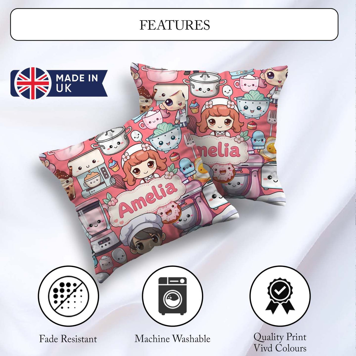Custom Name Cute Kawaii Baking Girl Mixer Donut Coral Background Square Filled Cushion Throw Pillow Sofa Bed Home Decor Zip Washable UK Made