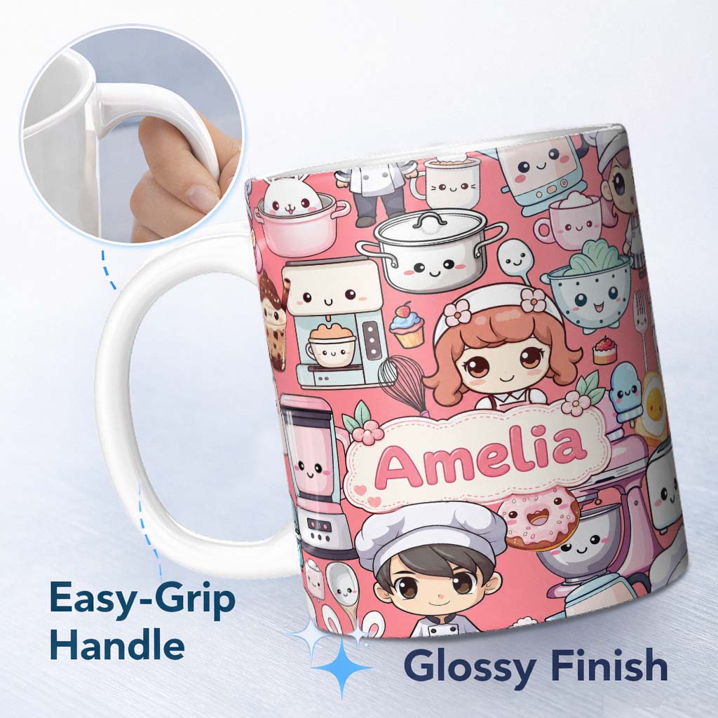 Personalized Custom Name Cute Kawaii Baking Girl Mixer Blender Donut Coral Background 11oz Ceramic Coffee Tea Mug White Large Handle