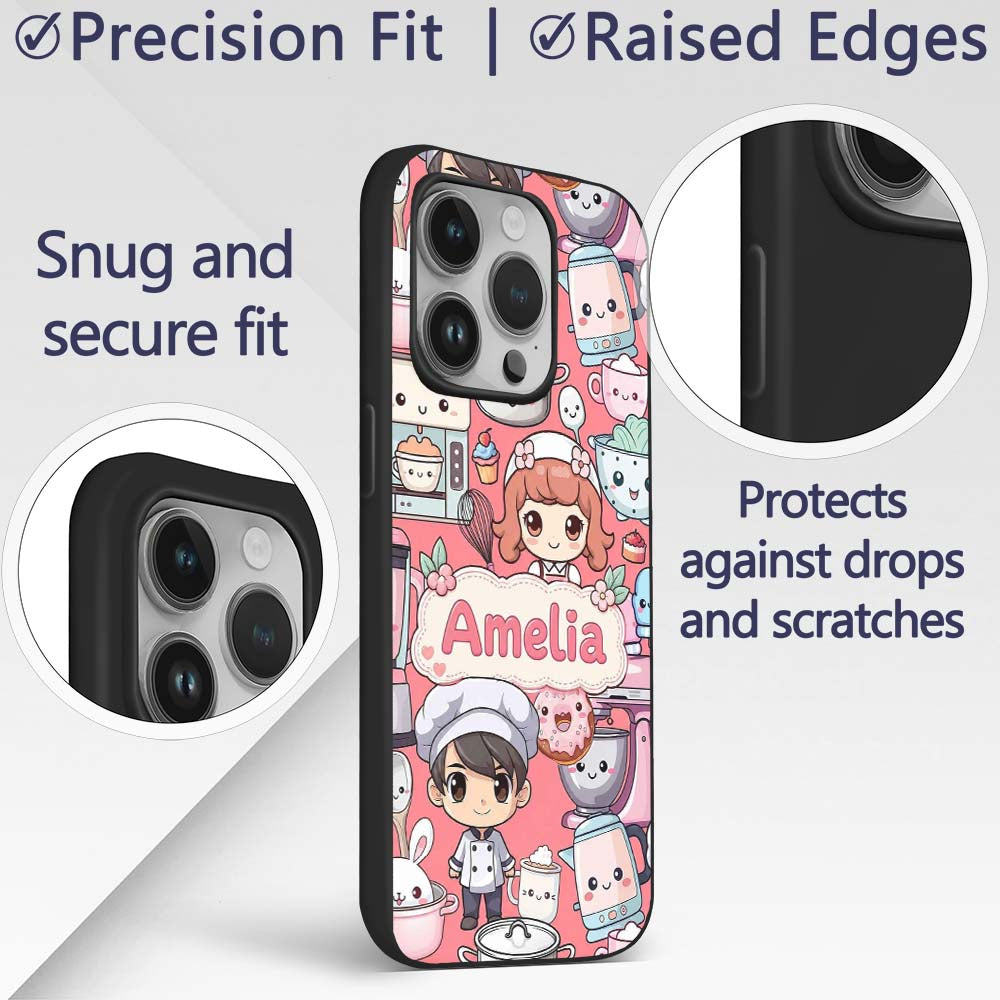 Cute Kawaii Baking Girl Mixer Blender Donut Coral Custom Name Protective Phone Case Mobile Cover Durable Everyday Smartphone Shock Resistant