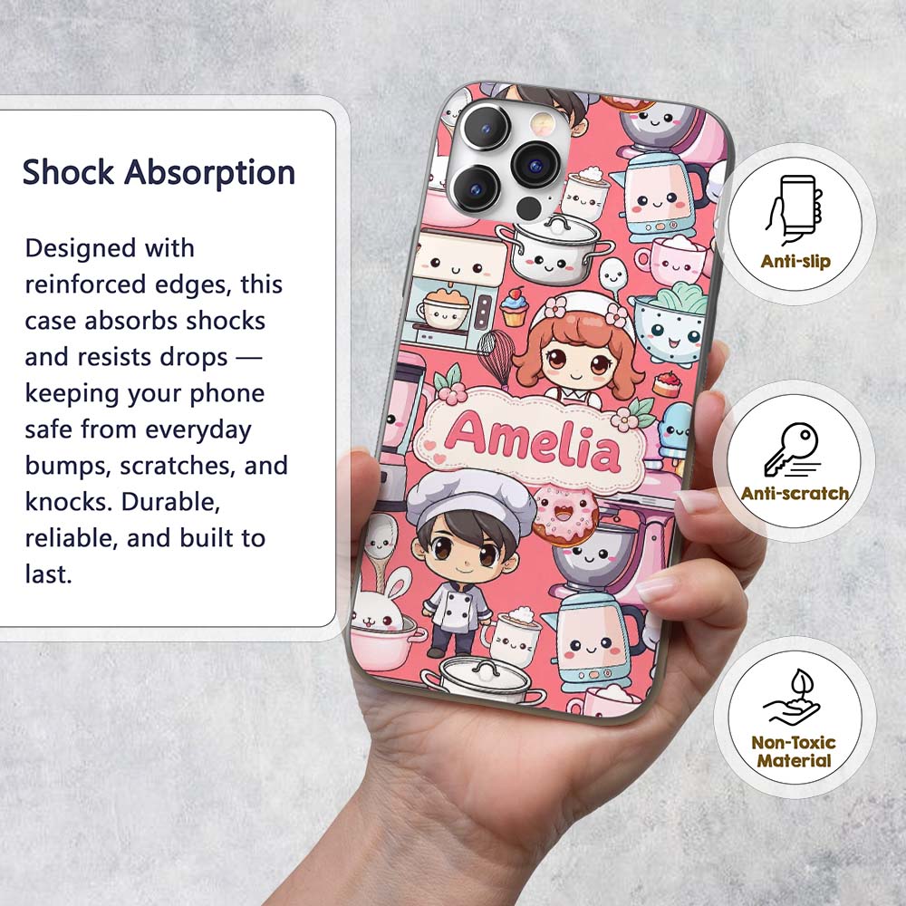 Cute Kawaii Baking Girl Mixer Blender Donut Coral Custom Name Protective Phone Case Mobile Cover Durable Everyday Smartphone Shock Resistant
