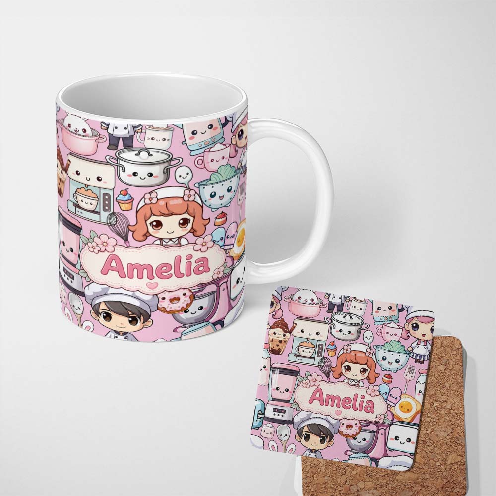 Personalized Custom Name Cute Kawaii Baking Girl Mixer Blender Donut Blush Background 11oz Ceramic Coffee Tea Mug White Large Handle