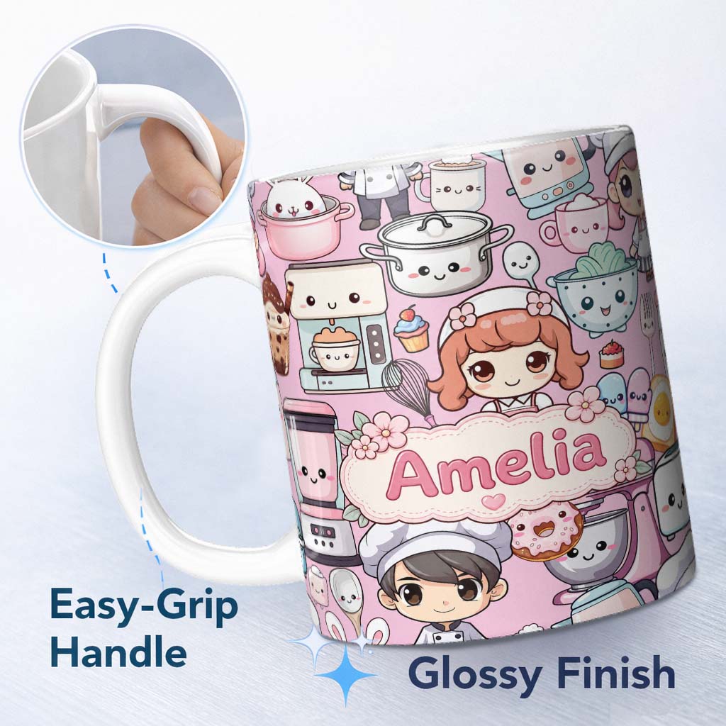 Personalized Custom Name Cute Kawaii Baking Girl Mixer Blender Donut Blush Background 11oz Ceramic Coffee Tea Mug White Large Handle