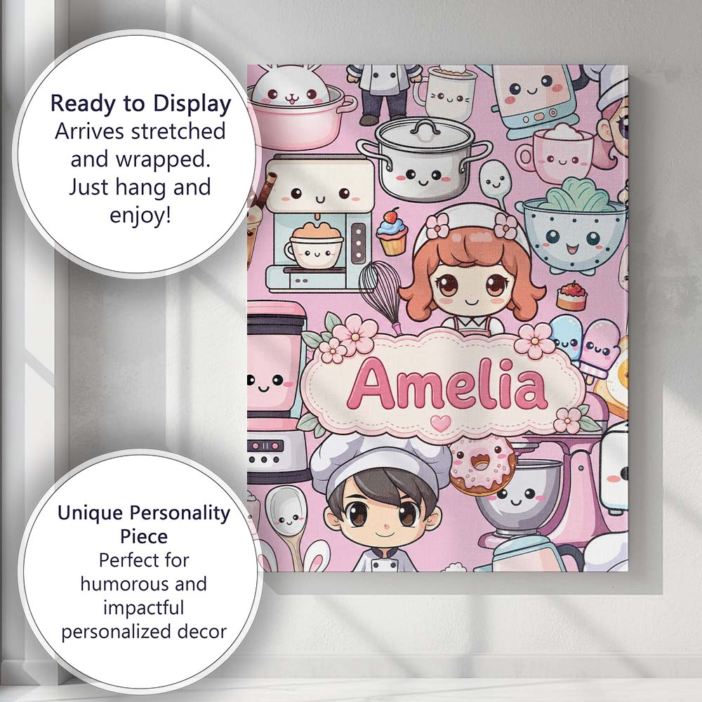 Personalised Name Cute Kawaii Baking Girl Custom Unique Gift Idea Elegant Feature Canvas Wall Art Print Decor Picture Ready to Hang