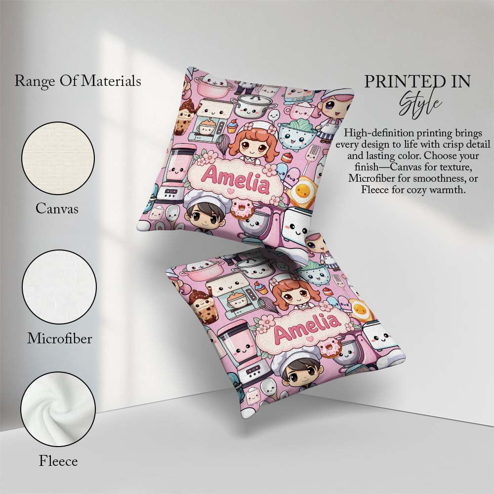 Custom Name Cute Kawaii Baking Girl Mixer Donut Blush Background Square Filled Cushion Throw Pillow Sofa Bed Home Decor Zip Washable UK Made