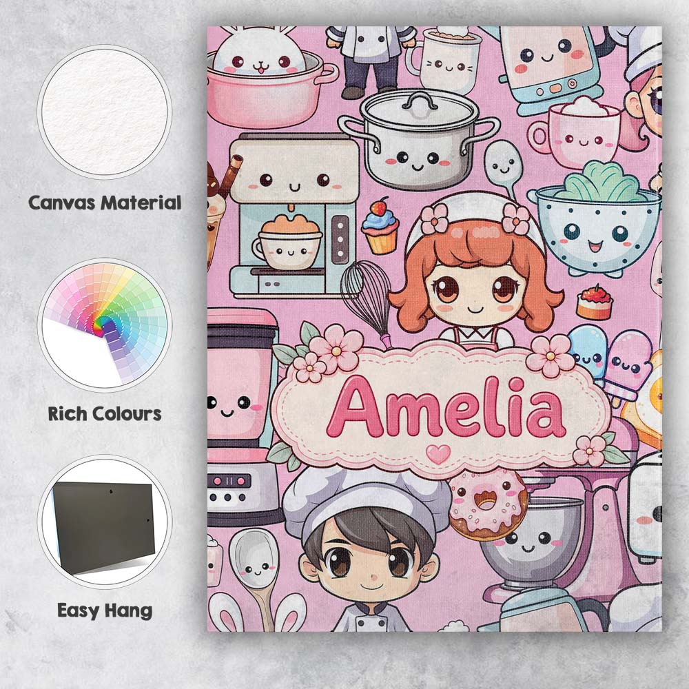 Personalised Name Cute Kawaii Baking Girl Custom Unique Gift Idea Elegant Feature Canvas Wall Art Print Decor Picture Ready to Hang