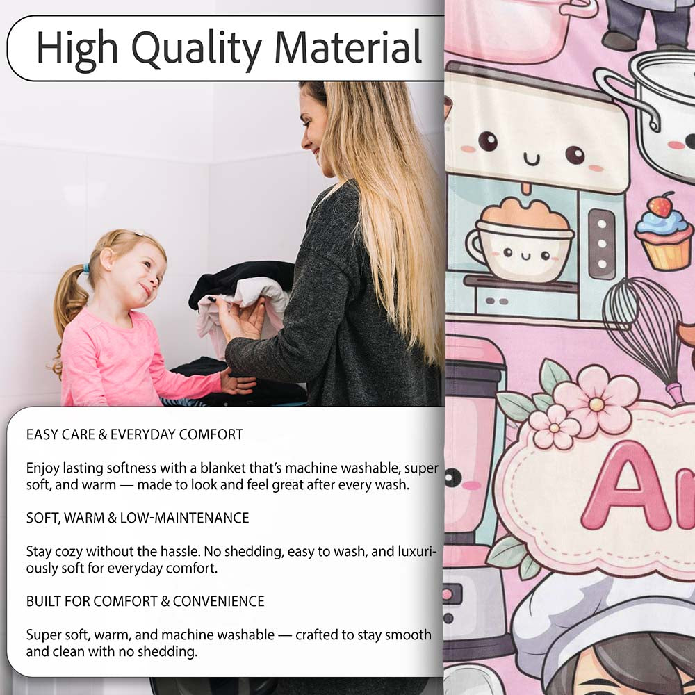 Cute Kawaii Baking Girl Mixer Blender Donut Blush Background Personalised Custom Name Super Soft Fleece Blanket Bed Sofa Throw