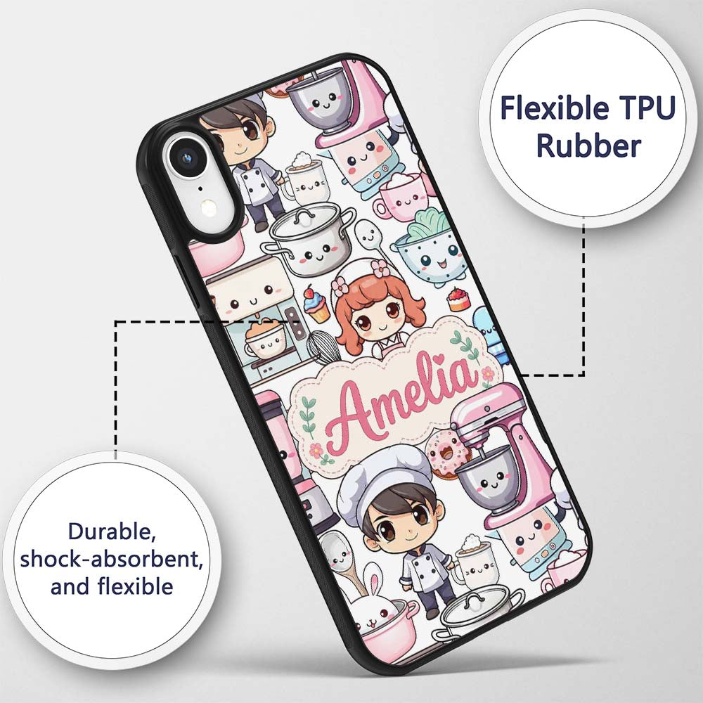 Cute Kawaii Baking Girl Mixer Blender Donut White Custom Name Protective Phone Case Mobile Cover Durable Everyday Smartphone Shock Resistant