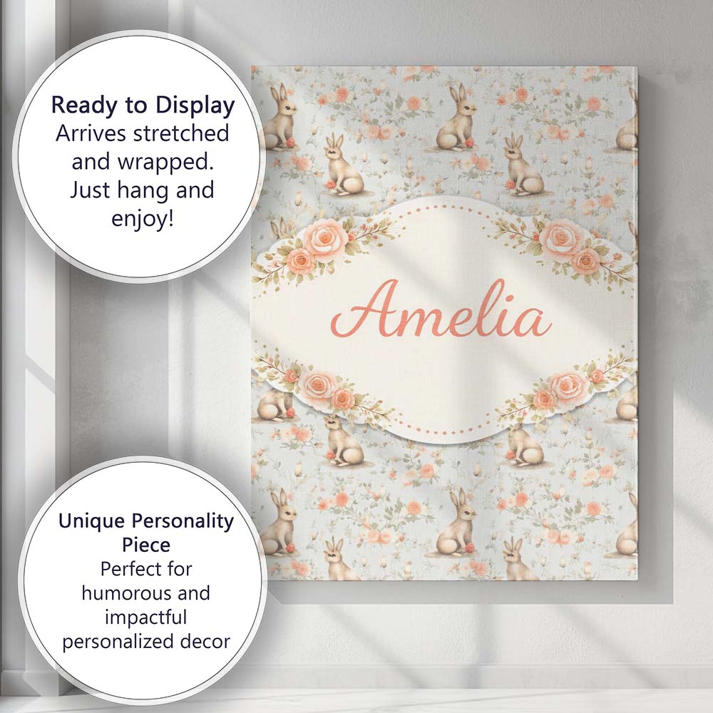 Personalised Name Cute Bunny Rows Folk Style Seamless Pattern Custom Contemporary Display Canvas Wall Art Print Decor Picture Ready to Hang
