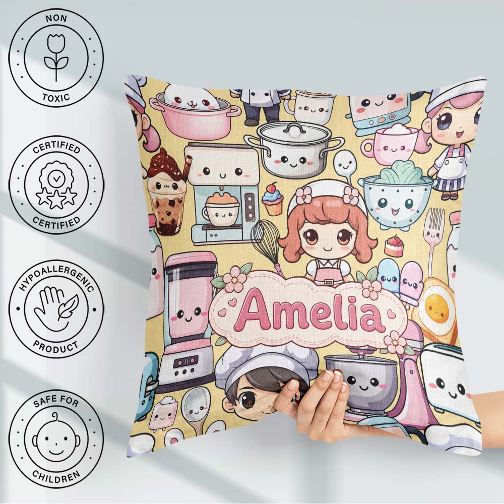 Custom Name Cute Kawaii Baking Girl Mixer Blender Donut Yellow Square Filled Cushion Throw Pillow Sofa Bed Home Decor Zip Washable UK Made