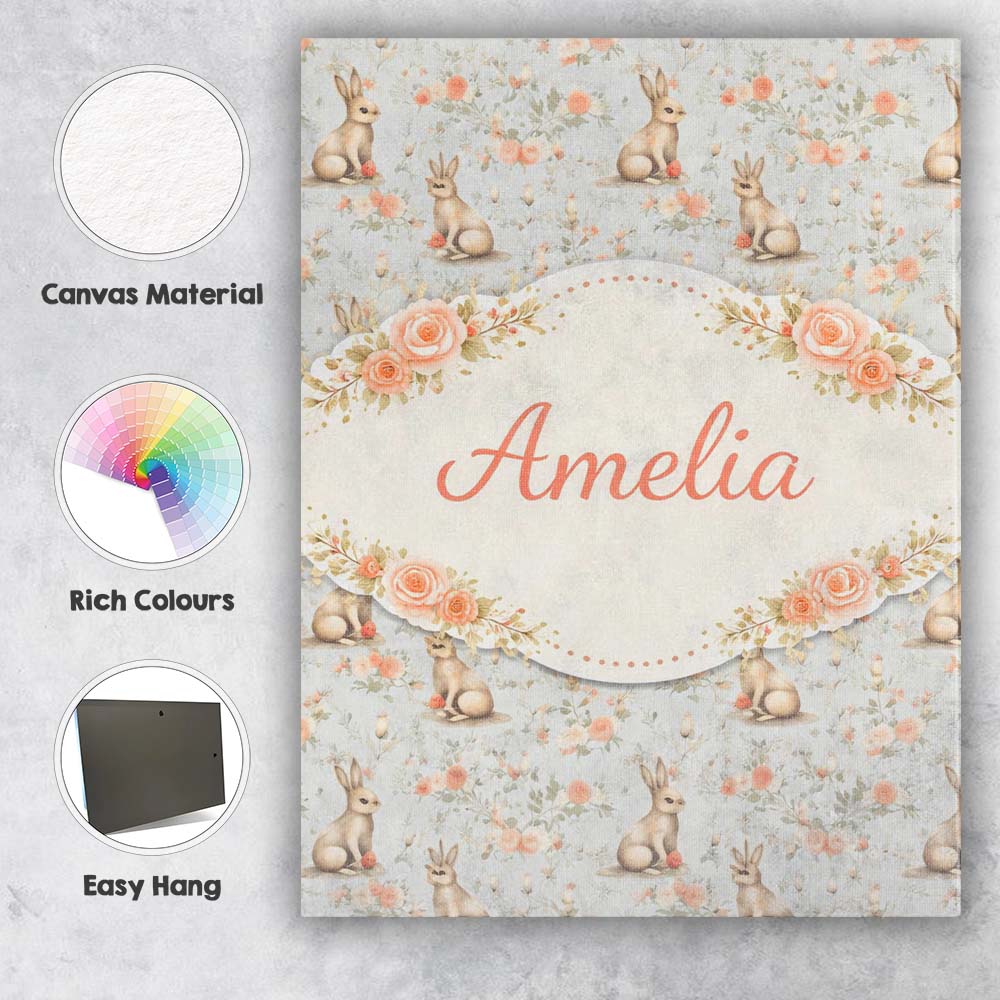 Personalised Name Cute Bunny Rows Folk Style Seamless Pattern Custom Contemporary Display Canvas Wall Art Print Decor Picture Ready to Hang