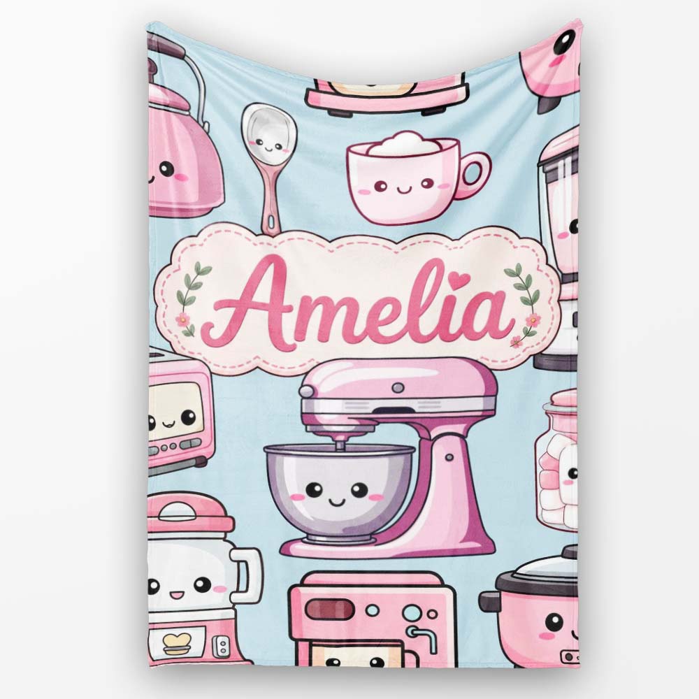 Cute Kawaii Pink Appliances Blue Background Seamless Personalised Custom Name Super Soft Fleece Blanket Bed Sofa Throw