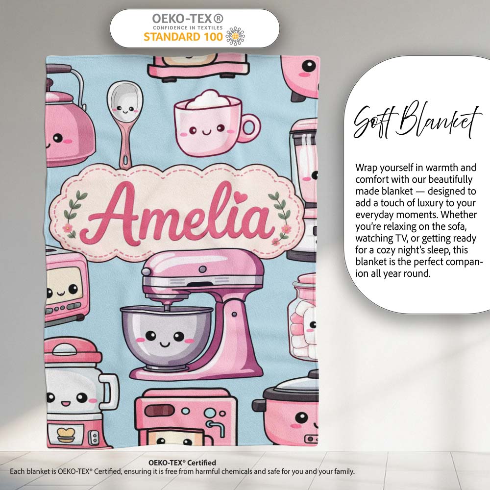 Cute Kawaii Pink Appliances Blue Background Seamless Personalised Custom Name Super Soft Fleece Blanket Bed Sofa Throw