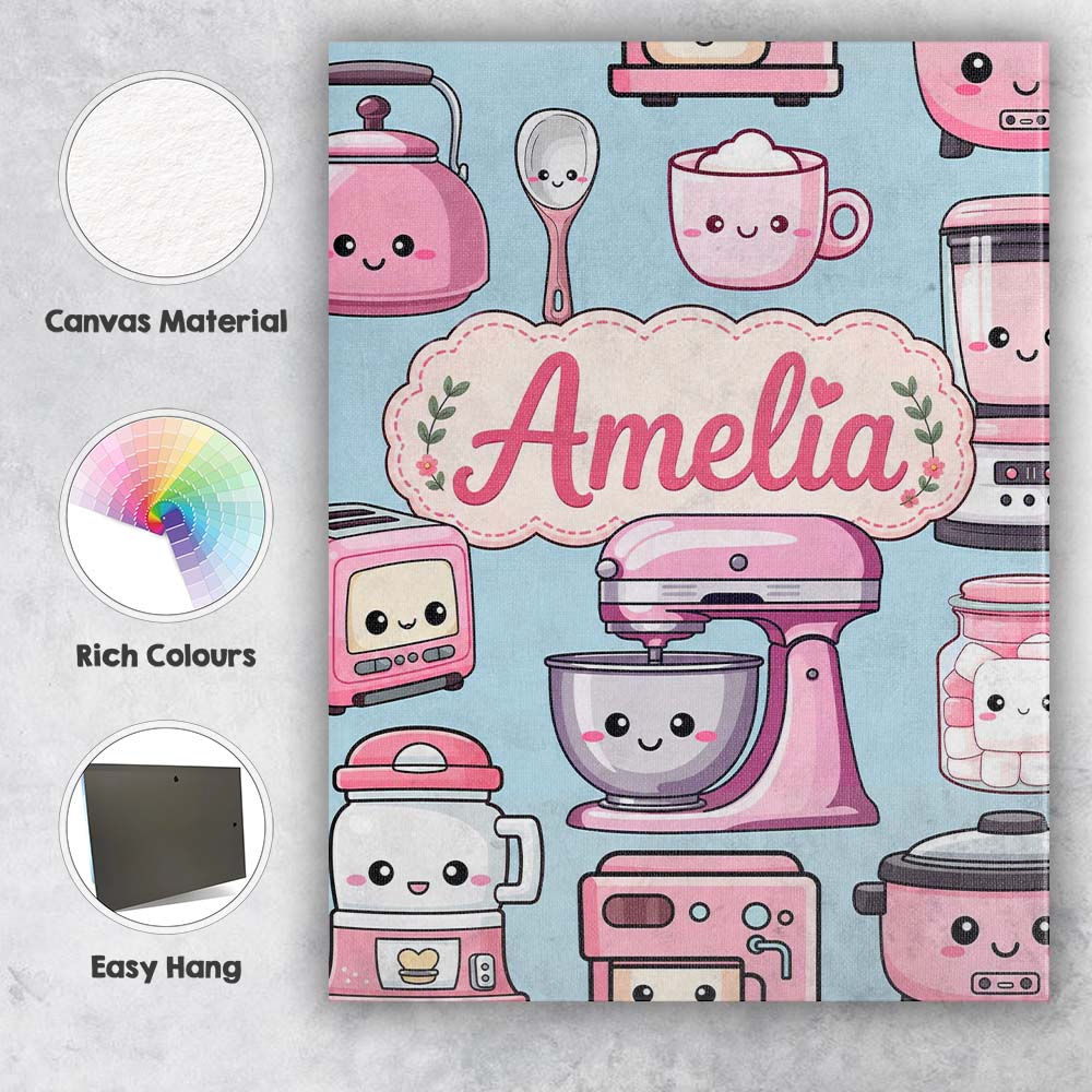 Personalised Name Cute Kawaii Pink Appliances Custom Unique Gift Idea Modern Room Accent Canvas Wall Art Print Decor Picture Ready to Hang