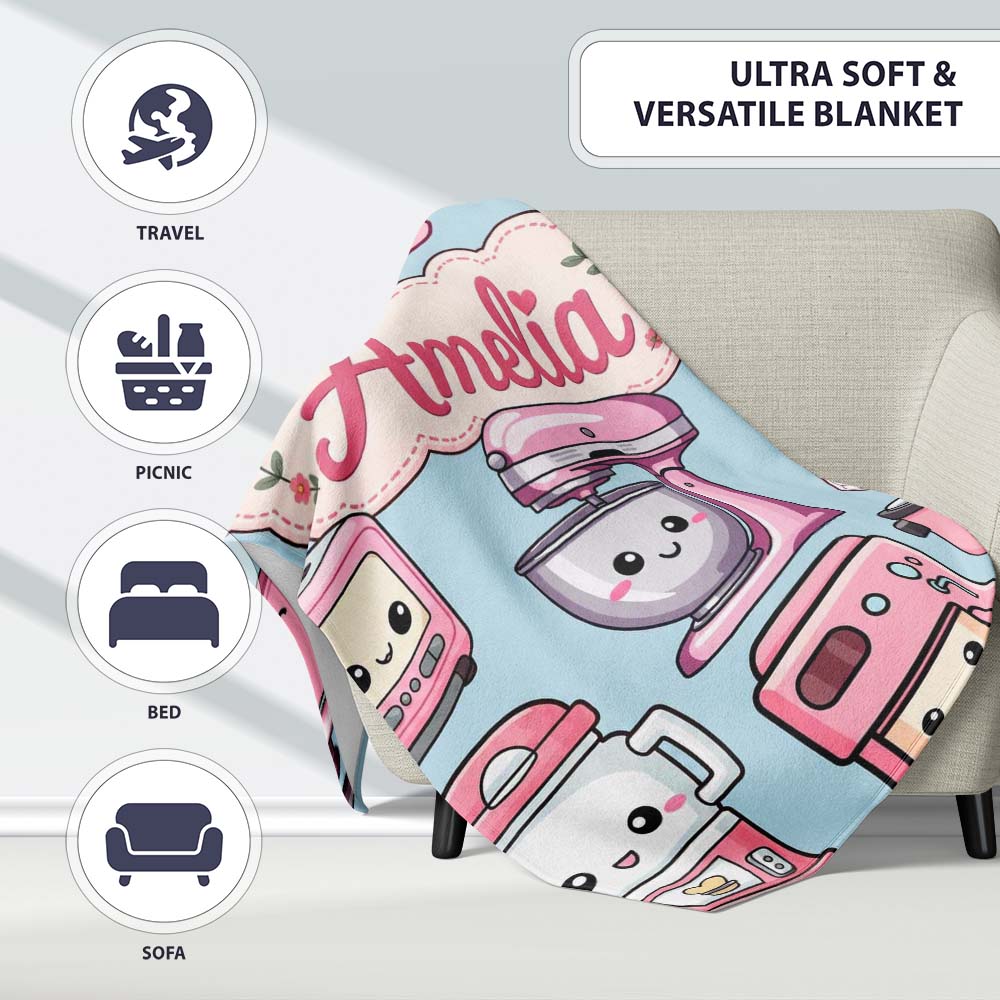 Cute Kawaii Pink Appliances Blue Background Seamless Personalised Custom Name Super Soft Fleece Blanket Bed Sofa Throw