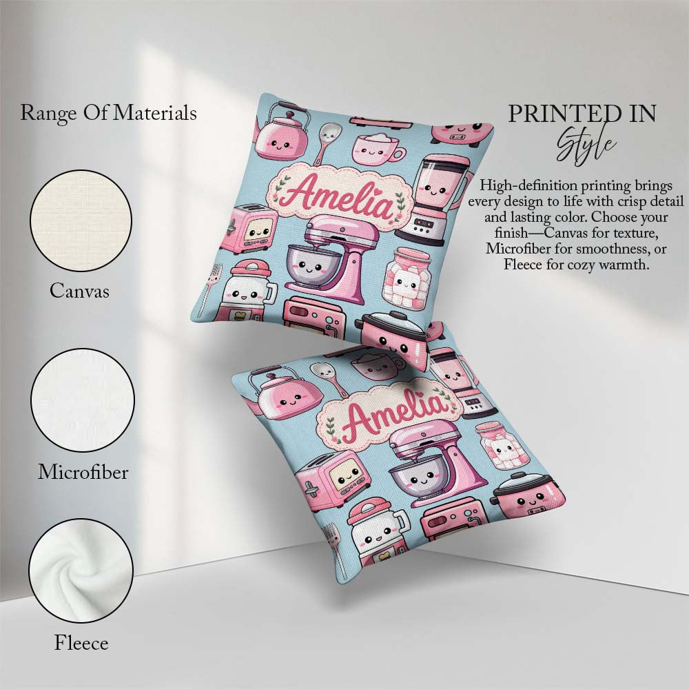 Custom Name Cute Kawaii Pink Appliances Blue Background Seamless Square Filled Cushion Throw Pillow Sofa Bed Home Decor Zip Washable UK Made