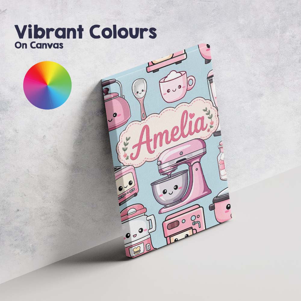 Personalised Name Cute Kawaii Pink Appliances Custom Unique Gift Idea Modern Room Accent Canvas Wall Art Print Decor Picture Ready to Hang