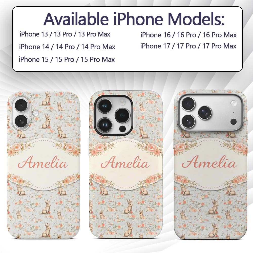 Cute Bunny Rows Folk Style Decorative Design Custom Name Protective Phone Case Mobile Cover Durable Everyday Smartphone Shock Resistant