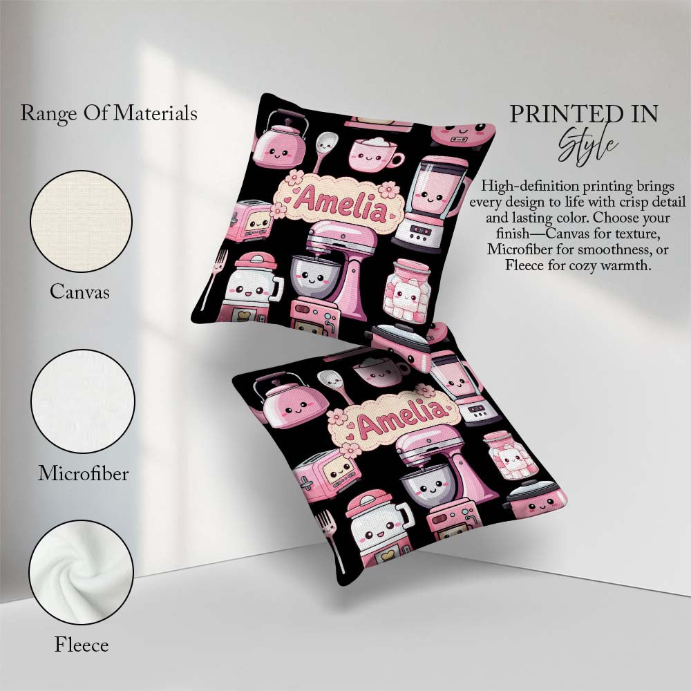 Custom Name Kawaii Pink Appliances Black Background Seamless Square Filled Cushion Throw Pillow Sofa Bed Home Decor Zip Washable UK Made
