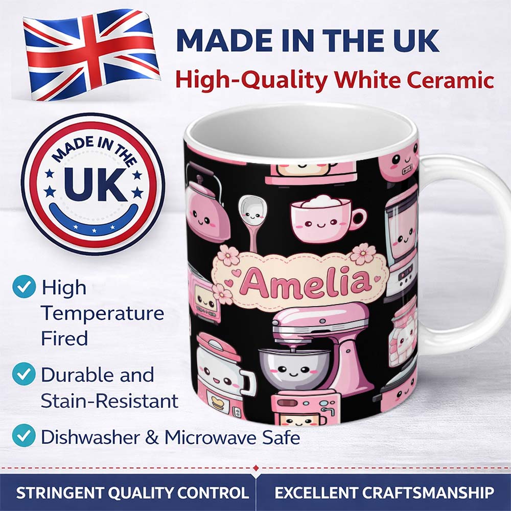 Personalized Custom Name Cute Kawaii Pink Kitchen Appliances Black Background Seamless 11oz Ceramic Coffee Tea Mug White Large Handle