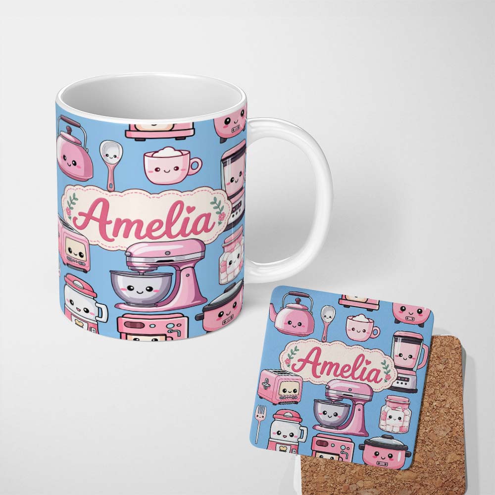 Personalized Custom Name Cute Kawaii Pink Kitchen Appliances Soft Blue Background Seamless 11oz Ceramic Coffee Tea Mug White Large Handle