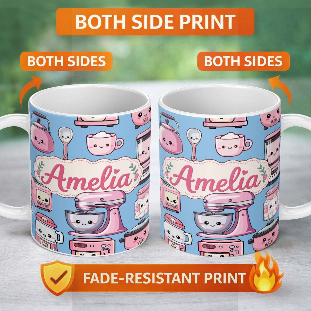 Personalized Custom Name Cute Kawaii Pink Kitchen Appliances Soft Blue Background Seamless 11oz Ceramic Coffee Tea Mug White Large Handle