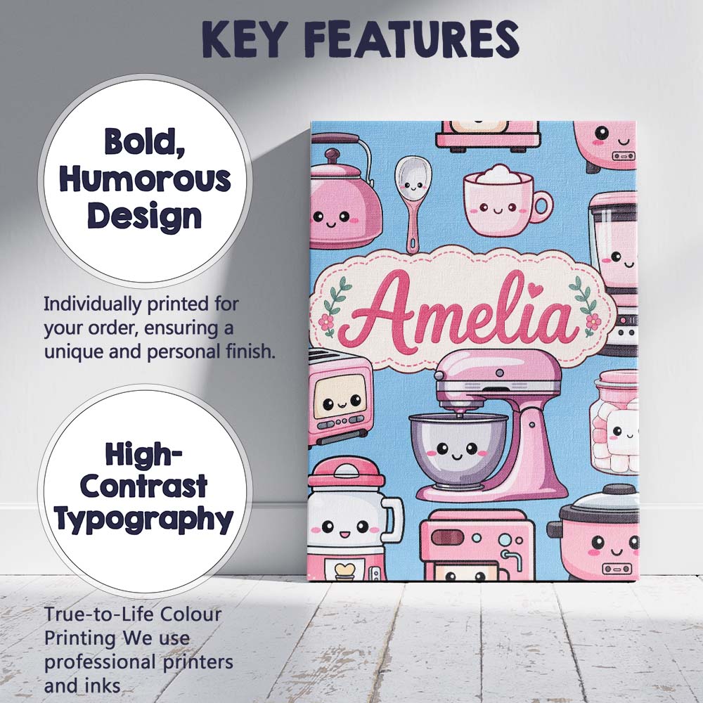 Personalised Name Cute Kawaii Pink Appliances Custom Unique Gift Idea Modern Room Accent Canvas Wall Art Print Decor Picture Ready to Hang