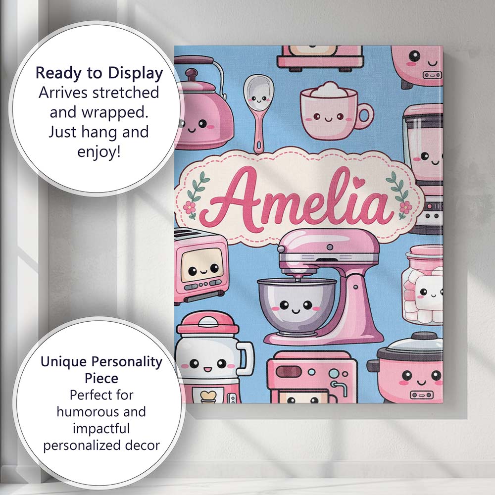 Personalised Name Cute Kawaii Pink Appliances Custom Unique Gift Idea Modern Room Accent Canvas Wall Art Print Decor Picture Ready to Hang