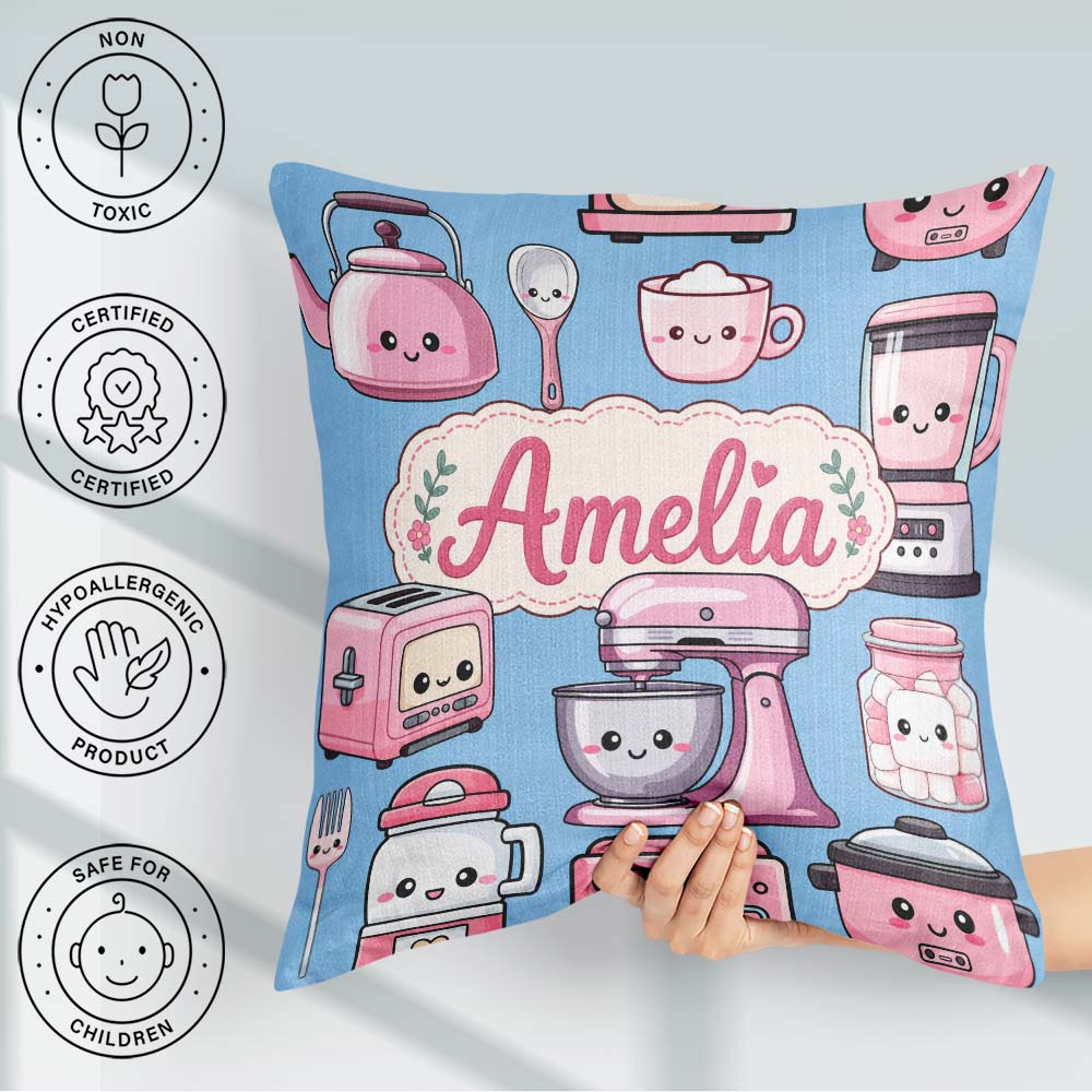 Custom Name Kawaii Pink Appliances Soft Blue Background Seamless Square Filled Cushion Throw Pillow Sofa Bed Home Decor Zip Washable UK Made