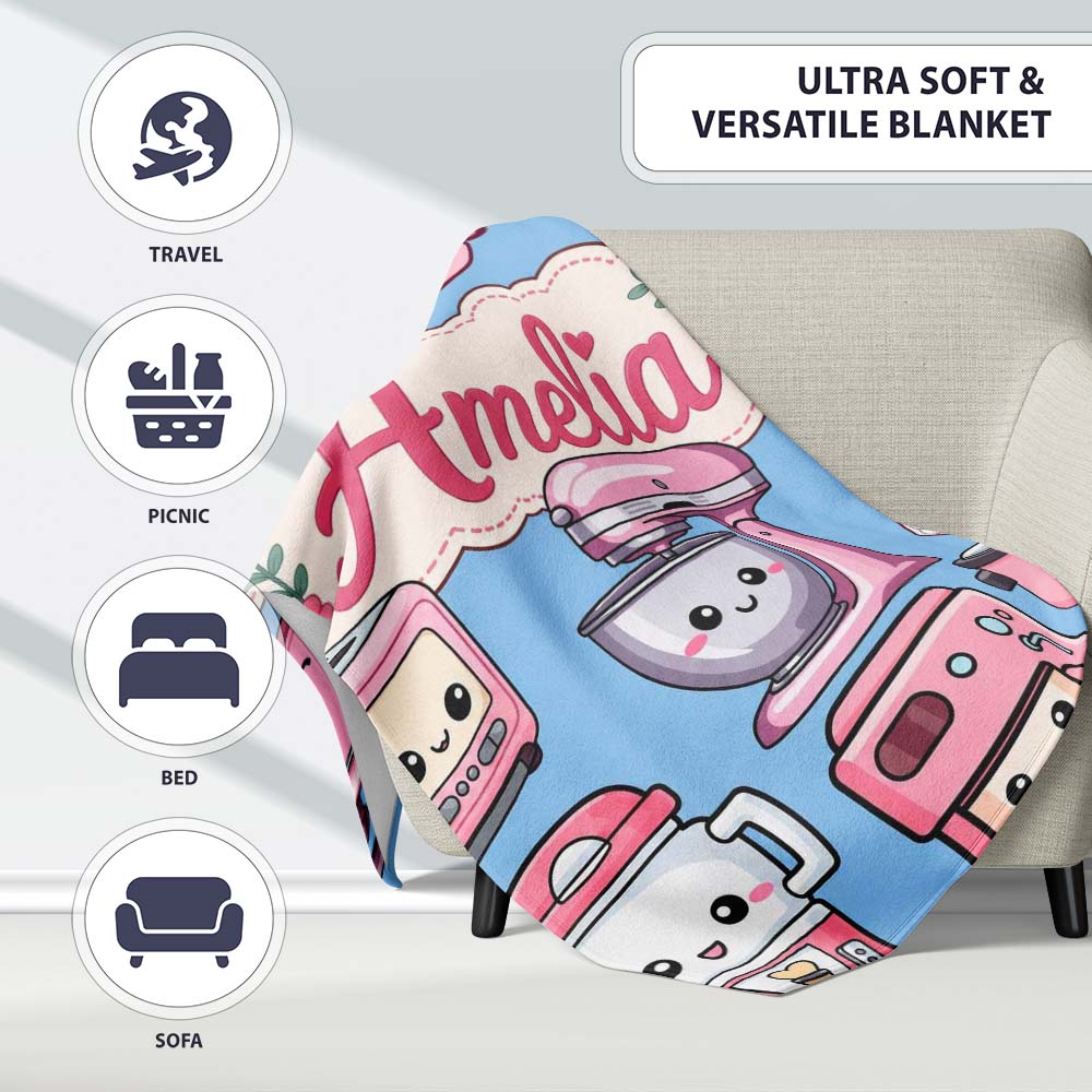 Cute Kawaii Pink Appliances Soft Blue Background Seamless Personalised Custom Name Super Soft Fleece Blanket Bed Sofa Throw