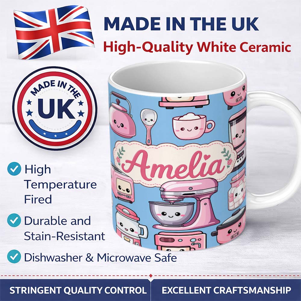 Personalized Custom Name Cute Kawaii Pink Kitchen Appliances Soft Blue Background Seamless 11oz Ceramic Coffee Tea Mug White Large Handle