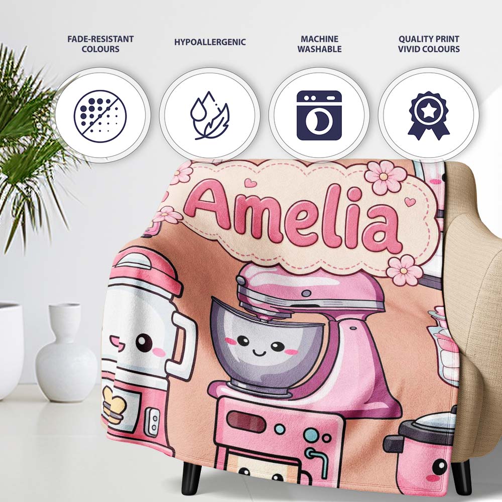 Cute Kawaii Pink Appliances Peach Background Seamless Personalised Custom Name Super Soft Fleece Blanket Bed Sofa Throw