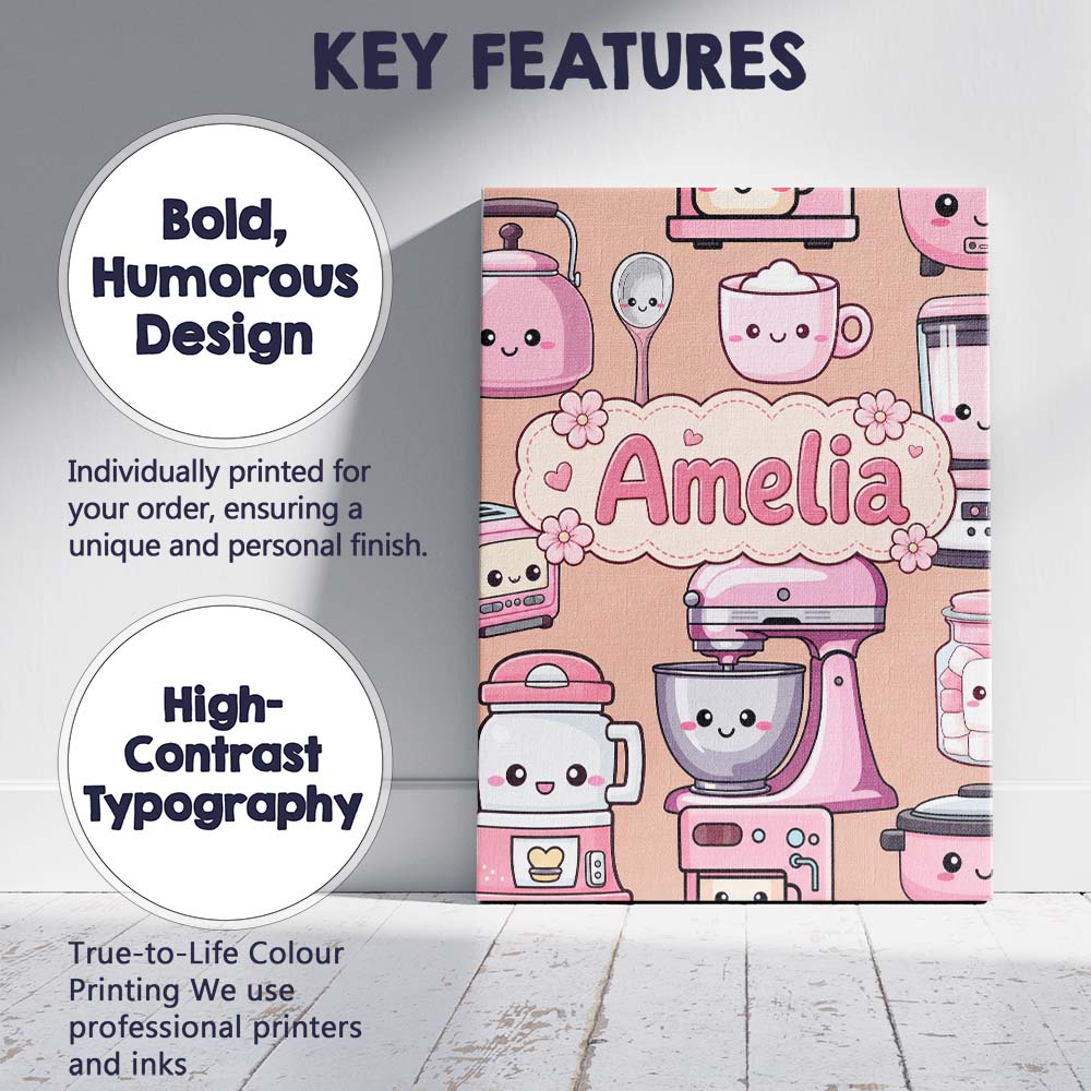 Personalised Name Cute Kawaii Pink Appliances Custom Unique Gift Idea Modern Room Accent Canvas Wall Art Print Decor Picture Ready to Hang