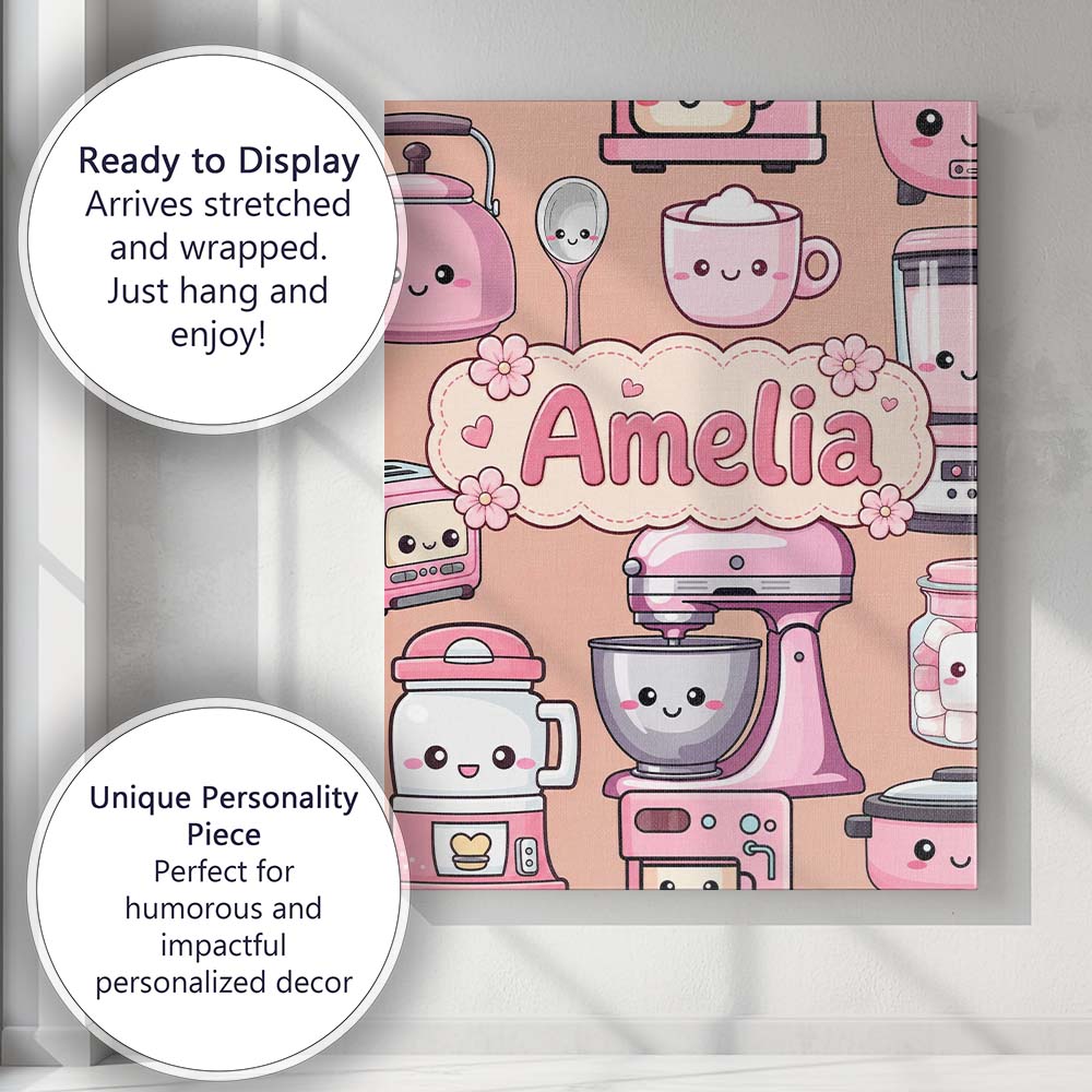Personalised Name Cute Kawaii Pink Appliances Custom Unique Gift Idea Modern Room Accent Canvas Wall Art Print Decor Picture Ready to Hang