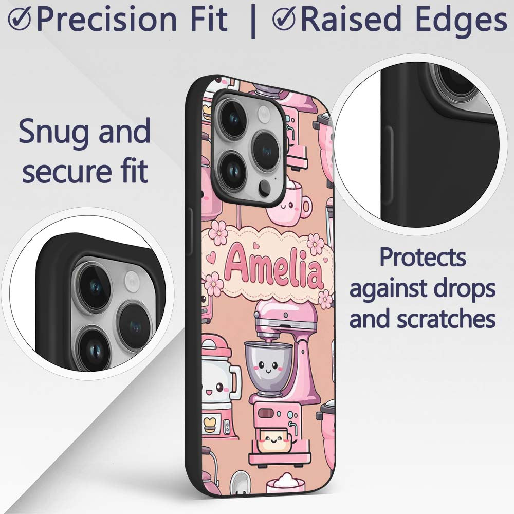 Cute Kawaii Pink Appliances Peach Background Custom Name Protective Phone Case Mobile Cover Durable Everyday Smartphone Shock Resistant