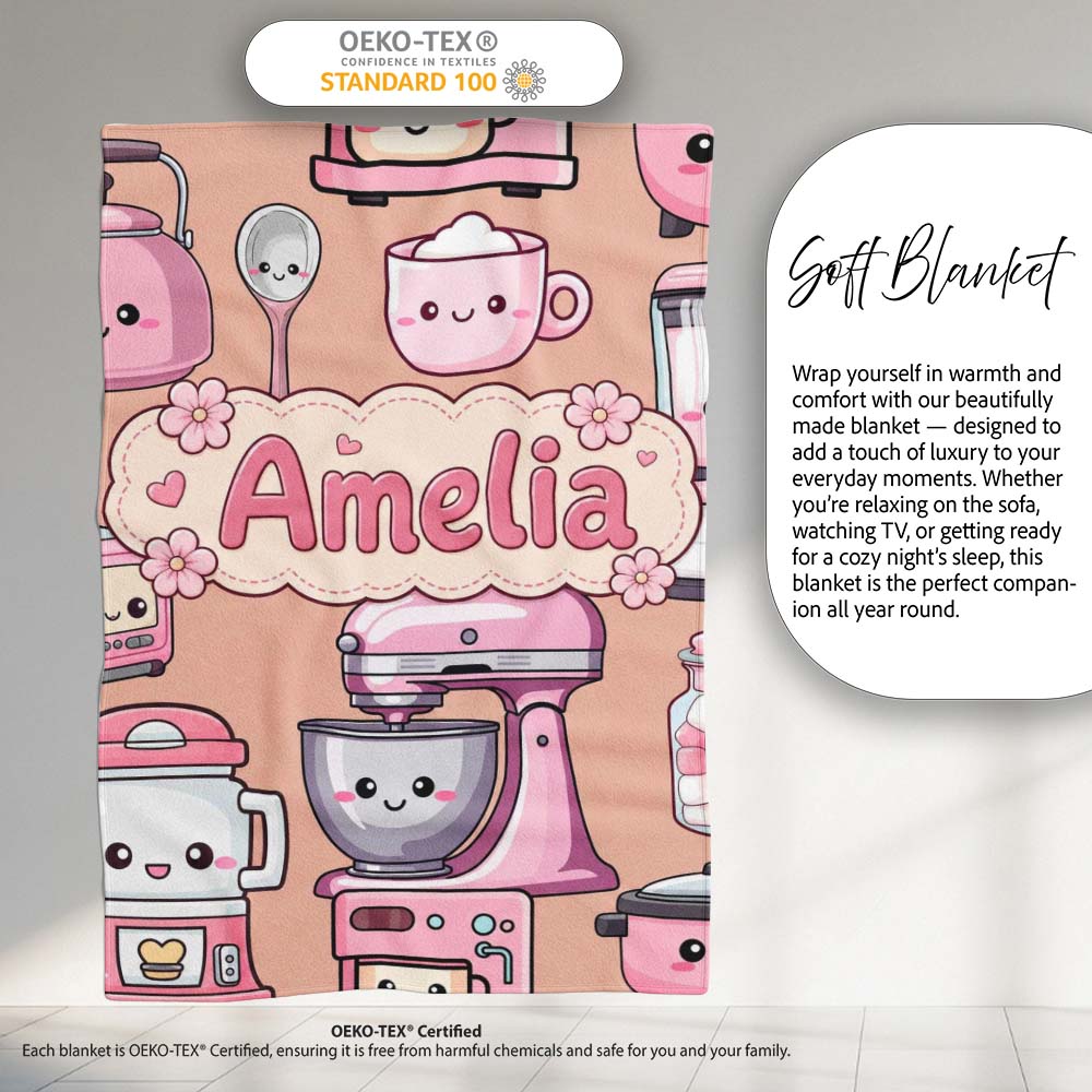 Cute Kawaii Pink Appliances Peach Background Seamless Personalised Custom Name Super Soft Fleece Blanket Bed Sofa Throw