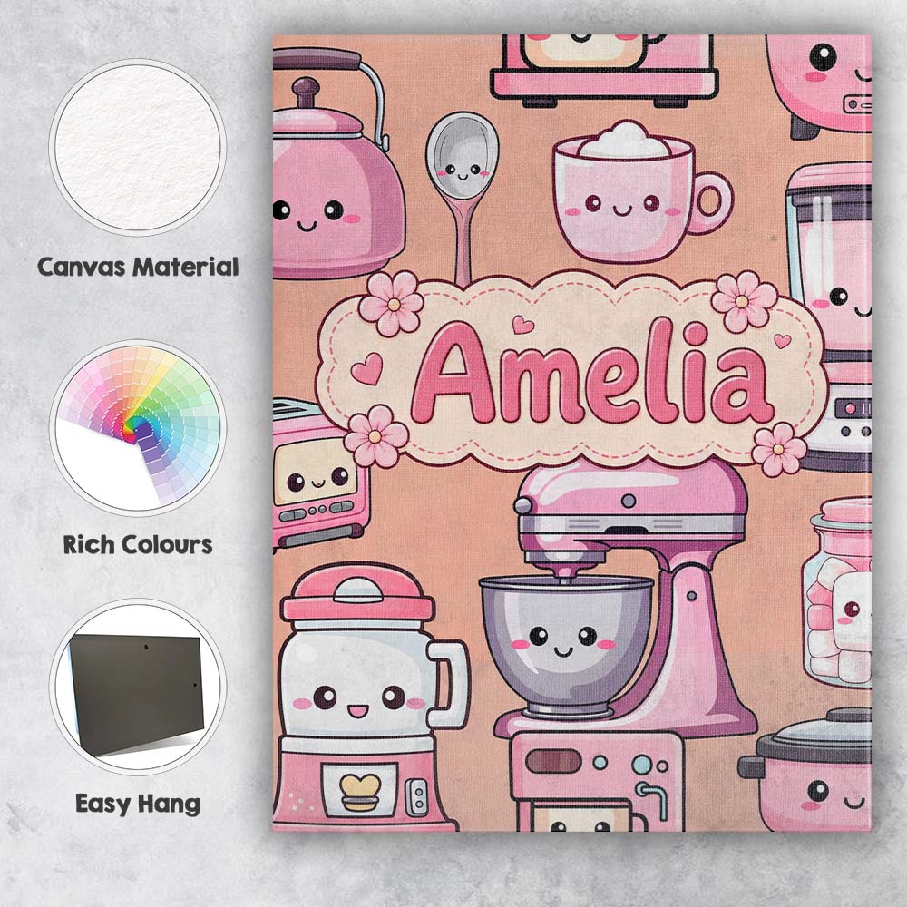 Personalised Name Cute Kawaii Pink Appliances Custom Unique Gift Idea Modern Room Accent Canvas Wall Art Print Decor Picture Ready to Hang