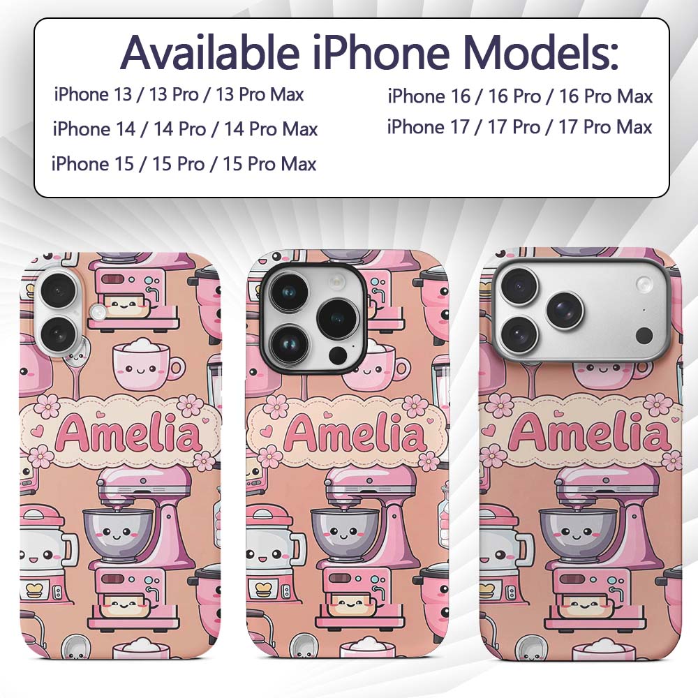 Cute Kawaii Pink Appliances Peach Background Custom Name Protective Phone Case Mobile Cover Durable Everyday Smartphone Shock Resistant