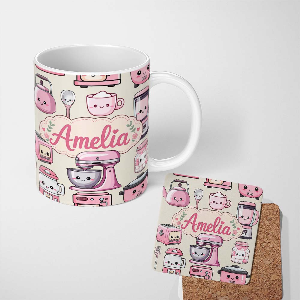 Personalized Custom Name Cute Kawaii Pink Kitchen Appliances Cream Background Seamless 11oz Ceramic Coffee Tea Mug White Large Handle