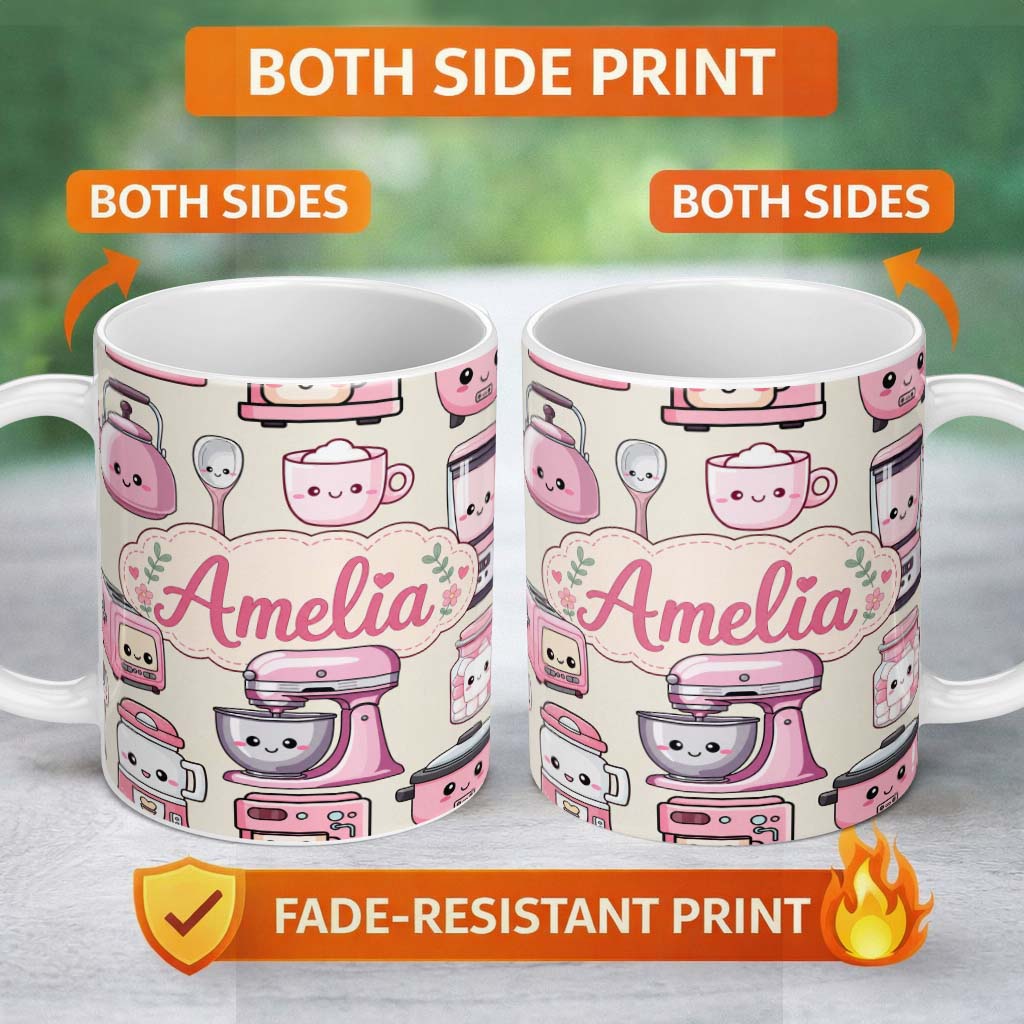 Personalized Custom Name Cute Kawaii Pink Kitchen Appliances Cream Background Seamless 11oz Ceramic Coffee Tea Mug White Large Handle