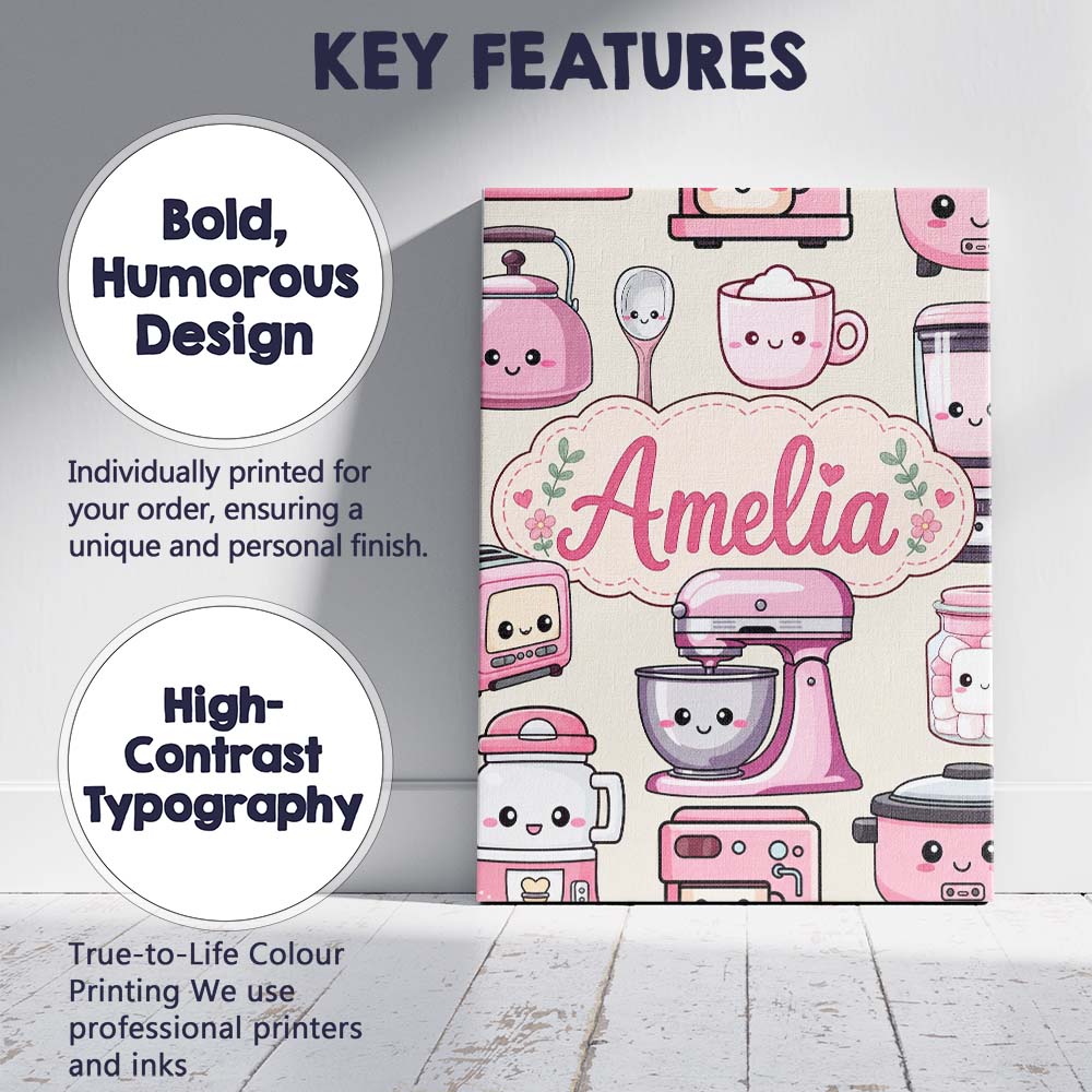 Personalised Name Cute Kawaii Pink Appliances Custom Unique Gift Idea Modern Room Accent Canvas Wall Art Print Decor Picture Ready to Hang