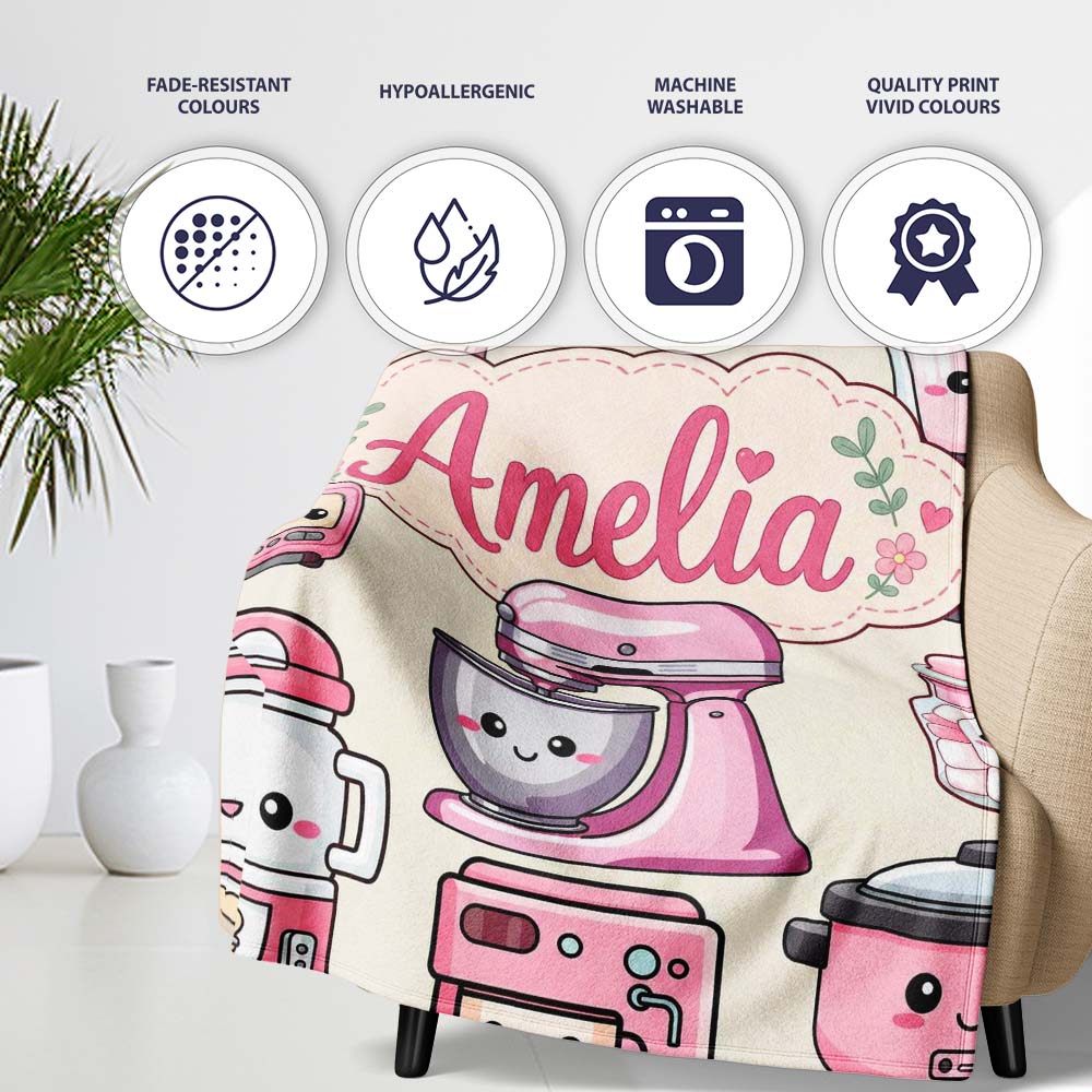 Cute Kawaii Pink Appliances Cream Background Seamless Personalised Custom Name Super Soft Fleece Blanket Bed Sofa Throw
